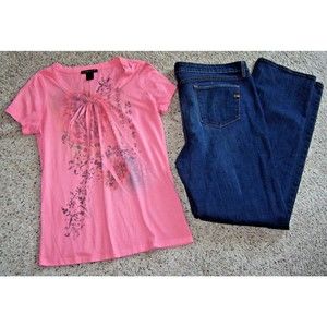 outfit Lot INDI Denim STRETCH dk blue jeans PROJECT pink L LG sublimation top
